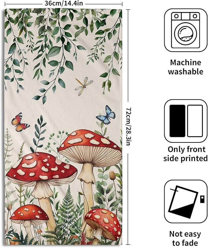 Imiss Boho Mushroom Hand Towels 2Pcs Green Leaves Kitchen Tea Towel 14.4 x 28.3 Inch Butterfly Decorations Soft Microfiber Guest Face Towel for Hotel,Bathroom,Home