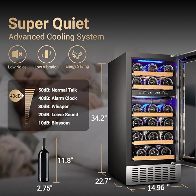 AAOBOSI 15 Inch 28 Bottles Wine Fridge,41-68°F Dual Zone Wine Cooler, Visualized Temperature Regulation, Designed For Large Wine Bottles, 5 Adjustable Shelves,Temperature Memory Function