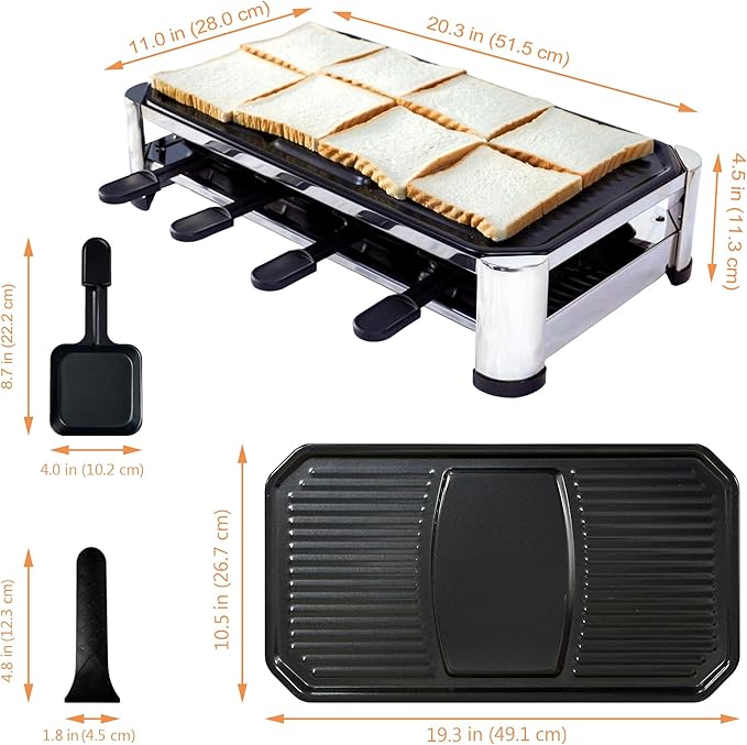 TAMARIT 8-Person Raclette Grill, Electric Party Grill with Nonstick Plate, 8 Pans and Spatulas, 1500 W (Indoor), Stainless Steel