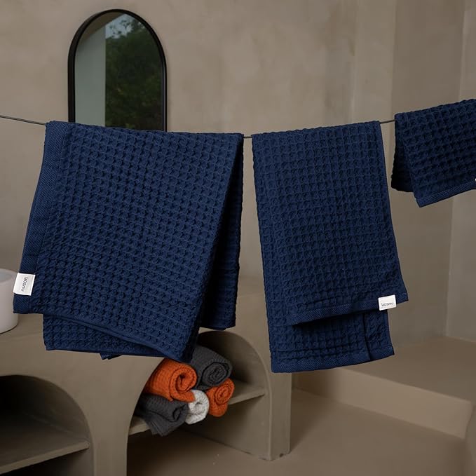 Luxury Organic Japanese Cotton Waffle Bath Towel | Thick, Absorbent, Quick Dry Bathroom Towels for Shower, Sauna, Onsen| Hotel & Spa Quality, Gift-Ready (Ocean Blue, Bath Sheet Set (3-Piece))