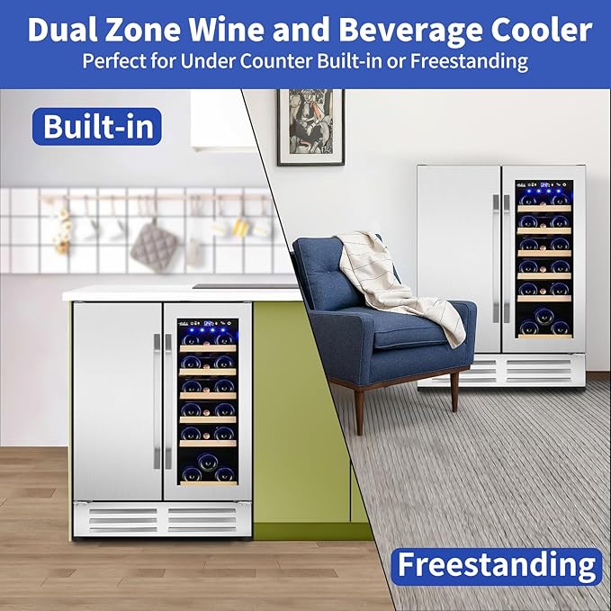 24 Inch Wine and Beverage Refrigerator, Dual Zone Wine Beverage Cooler, Built-in/Freestanding Beer and Wine Fridge with a Powerful Compressor, 20 Bottles and 88 Cans Capacity
