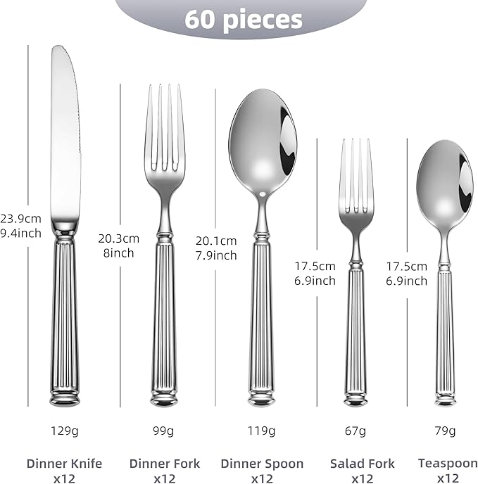 60-Piece 18/10 Heavy Duty Flatware Set for 12, High End Thick Handle Silverware Set, Luxury Forged Design, Dishwasher Safe