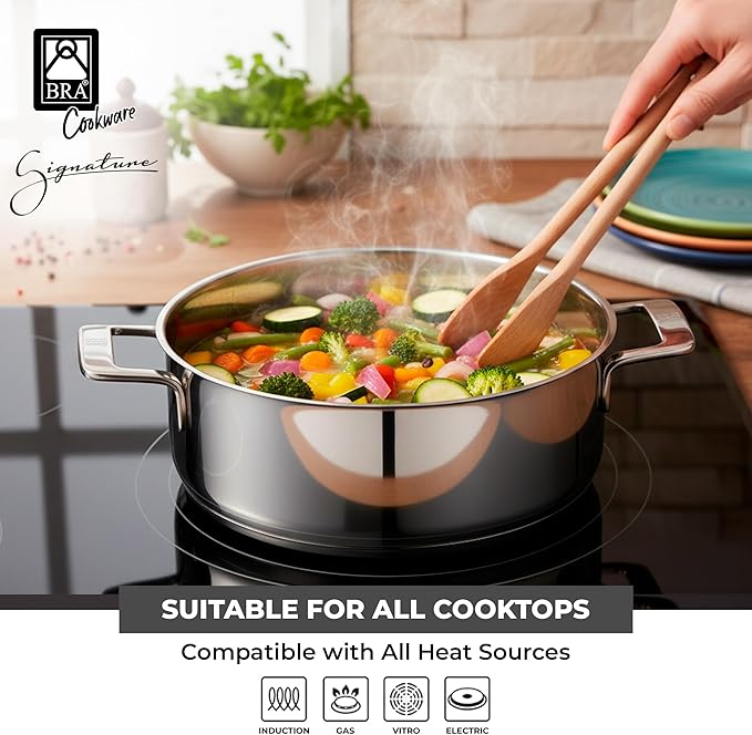 BRA COOKWARE Signature Stainless Steel Stock Pot w/Glass Lid | 9.5 Inch 4 Quart Professional Grade Cooking Pot | PFOA Free Deep Pot | All Cooktops | All Cooktops (incl. Induction) & Oven Safe