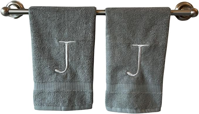 Gray Initial Hand Towel for Bathroom - Monogrammed Luxury Hotel Quality Decorative Embroidered Towel for Powder Room, Spa - GOTS Organic Certified - Set of 2 Silver Letter J