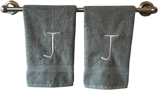Gray Initial Hand Towel for Bathroom - Monogrammed Luxury Hotel Quality Decorative Embroidered Towel for Powder Room, Spa - GOTS Organic Certified - Set of 2 Silver Letter J