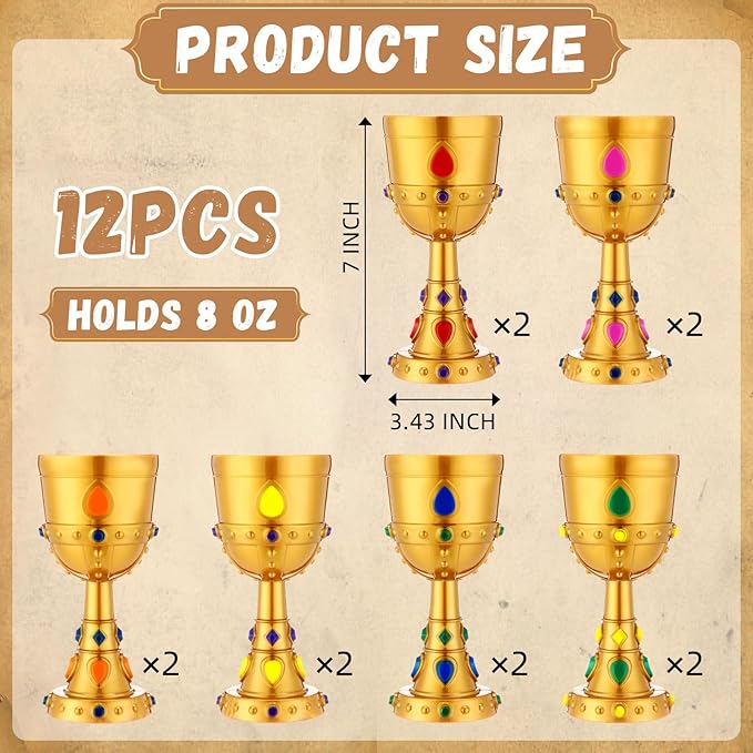 12 Pcs Medieval Molded Crown Goblets 8 oz Colorful Jeweled Goblet Vintage Plastic King Queen Party Cups Medieval Party Decorations for Halloween Carnival Drinking Supplies