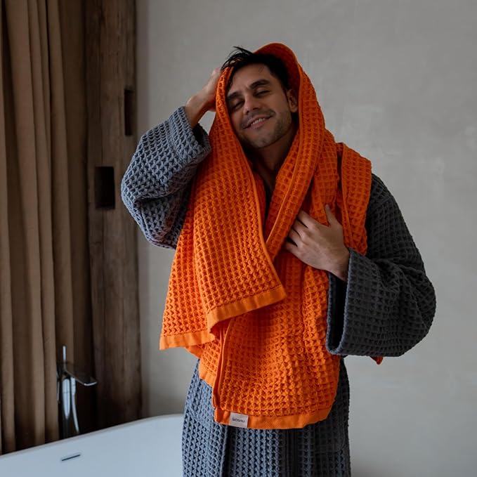 Luxury Organic Japanese Cotton Waffle Bath Towel | Thick, Absorbent, Quick Dry Bathroom Towels for Shower, Sauna, Onsen| Hotel & Spa Quality, Gift-Ready (Coral Orange, Bath Sheet, 67" x 34")