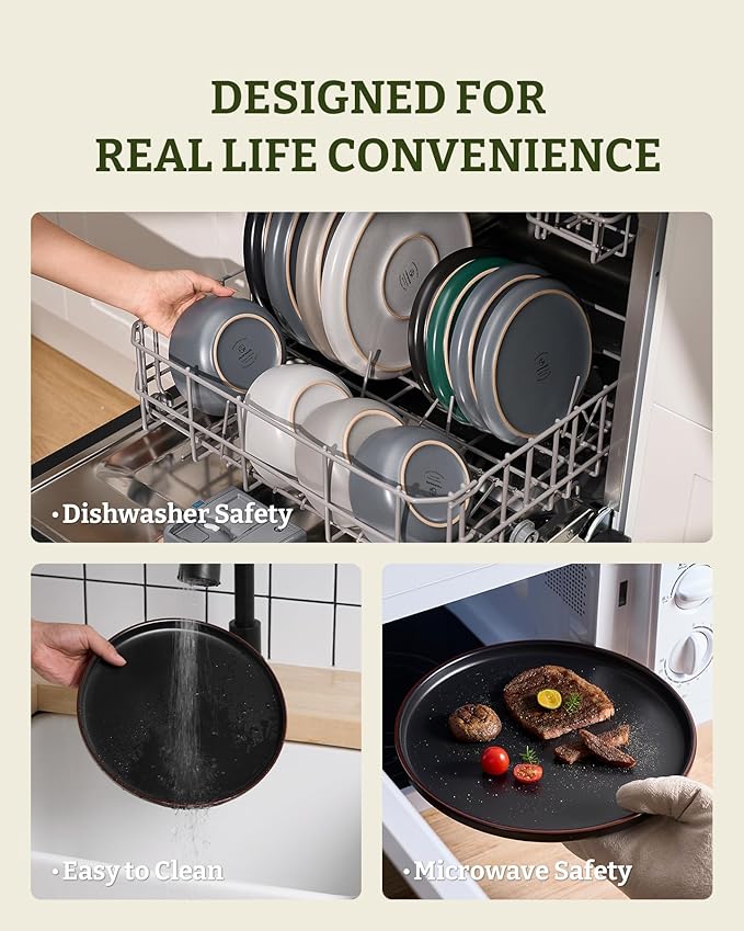 Famiware Mercury Dinnerware Sets with Pasta Bowls, Service for 4 (16 Pieces), Plates and Bowls Sets, Microwave and Dishwasher Safe Dishes Set, Matte Black