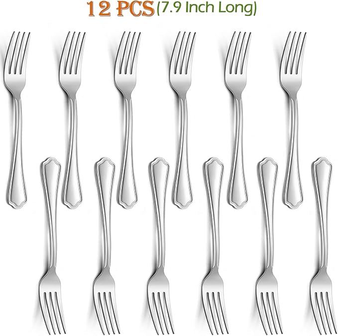 Dinner Forks Set of 12, E-far 7.9 Inch Stainless Steel Forks for Home, Kitchen or Restaurant, Non-toxic & Mirror Polished, Scalloped Edge & Dishwasher Safe