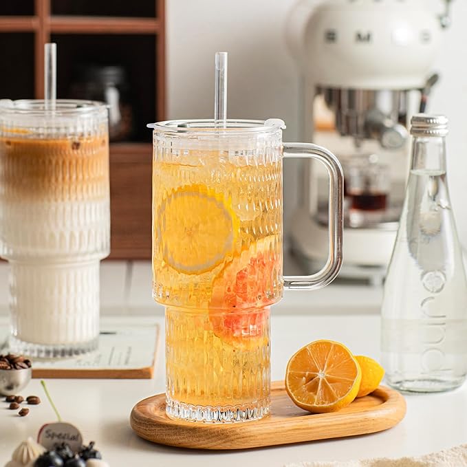 INSETLAN 26oz Raindrop Glass Tumbler with Handle and Lid, Set of 2 – Reusable Iced Coffee Cups with Lids, Clear Glass Cups with Straw for Coffee, Smoothies, Tea, Juice – Perfect for any Occasion