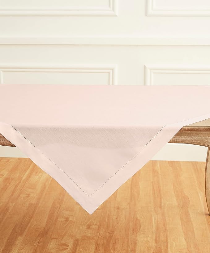 Solino Home Pink Linen Tablecloth 52 x 52 Inch - 100% Pure Linen Square Table Throw - Classic Hemstitch, Machine Washable Table Cloth for Valentines