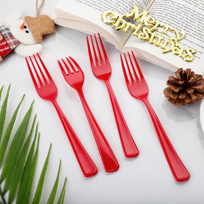 WDF 100 Pieces Red Christmas Forks - 7.4inch Heavy Duty Red Forks Disposable - Plastic Silverware for Dessert Cake - Plastic Cutlery for Christmas or Daily Using