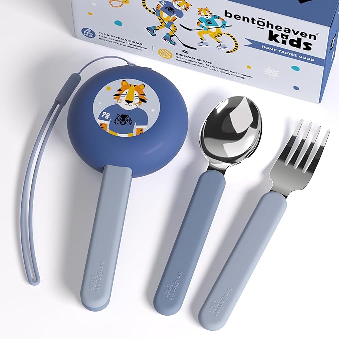 Bentoheaven Kids Travel Utensils with Case, Food-Grade Stainless Steel & BPA-Free Plastic, Travel Cutlery Set, Dishwasher Safe Fork, Spoon & Case, Reusable Flatware, Silverware for Kids (Tiger)