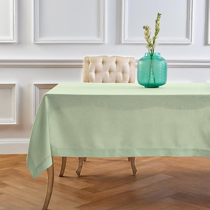 Solino Home Linen Tablecloth for Rectangle Tables 60 x 120 Inch - Classic Hemstitch 100% Pure Linen Light Green Table Cloth - Machine Washable Cloth Tablecloth