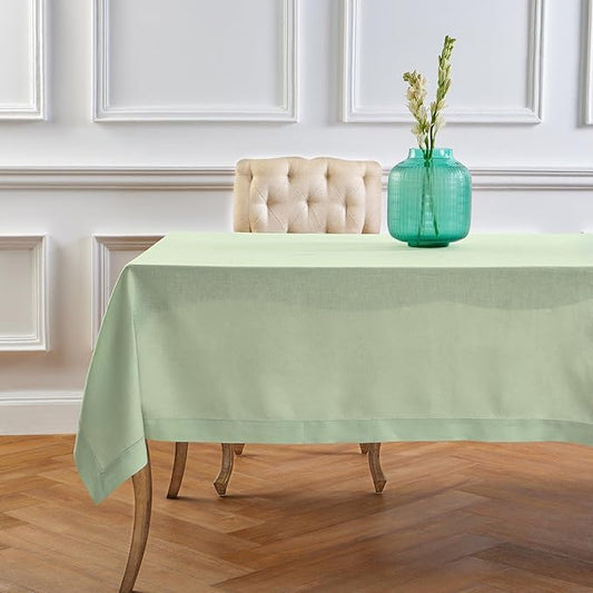 Solino Home Linen Tablecloth 52 x 52 Inch - 100% Pure Linen Light Green Square Tablecloth - Classic Hemstitch, Machine Washable Table Throw