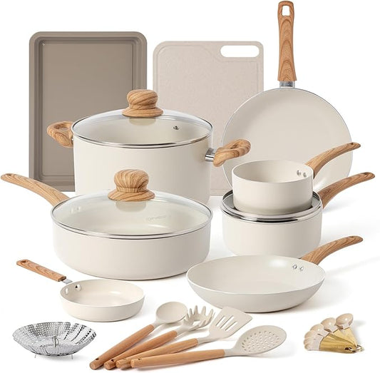 23 Pcs Pots and Pans Set Nonstick, Kitchen Cookware Sets, with Frying Pan, Saucepan, Saute Pan, Lightweight Cooking Set with Stay-Cool Wood Print Handles, NO PFAS and PFOA, Light Wood