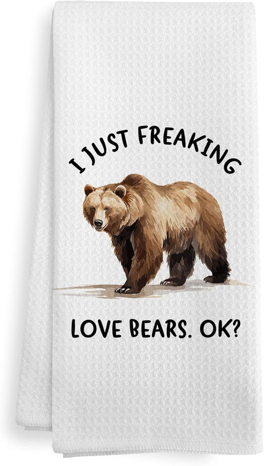 Funny Bear Kitchen Towels, Woodsy Bear Camping Bathroom Decor Decorations for Home, Rustic I Just Freaking Love Bears Dish Hand Tea Towels for Farmhouse Bathroom Kitchen, 16x24 Inch