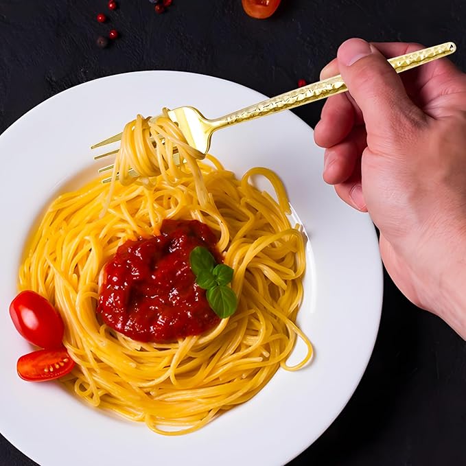 Rubtlamp 180 Pcs Gold Plastic Silverware - Disposable Plastic Utensils - Hammered Plastic Forks And Spoons - Gold Plastic Cutlery Set Include 60 Forks, 60 Knives And 60 Spoons for Party