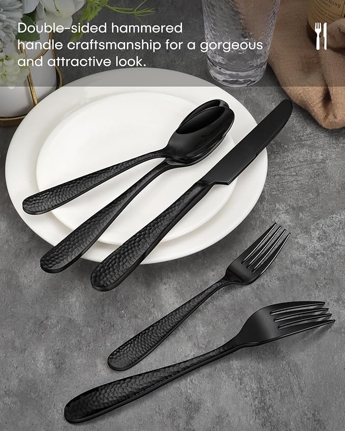 Hammered Silverware Set, Ollex 60-Piece Black Flatware Set for 12 Mirror Finish Stainless Steel Eating Utensils Sets Include Forks Spoons and Knives Tableware Kitchen Cutlery Sets, Dishwasher Safe