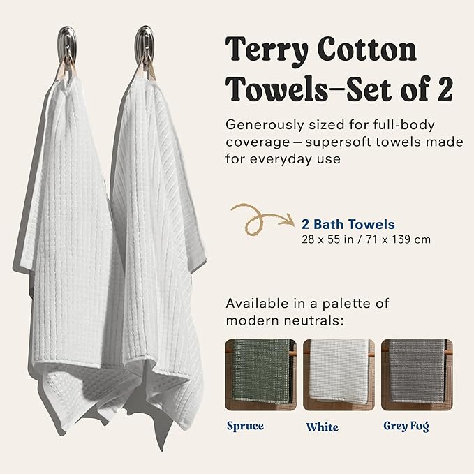 ONSEN Terry Cotton Waffle Bath Towel Set – 2 Pack Luxury, Quick Dry & Absorbent Bathroom Towels – Soft, Lightweight, Durable Large Towels for Everyday Use & Bathroom Essentials (White, 28x55 in)
