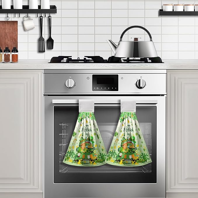 St. Patrick's Day Shamrock Kitchen Towel with Loop Lucky Gnomes Truck Hanging Hand Towels St Patricks Green Spring Hanging Dish Tea Towels for Home Holiday Decor