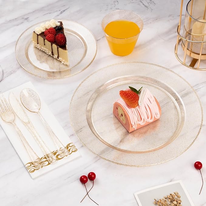 Goodluck 150PCS Gold Glitter Plastic Silverware, Glitter Utensil Disposable, Plastic Cutlery Set of 50 Forks, 50 Spoons, 50 Knives for Wedding, Party, Christmas