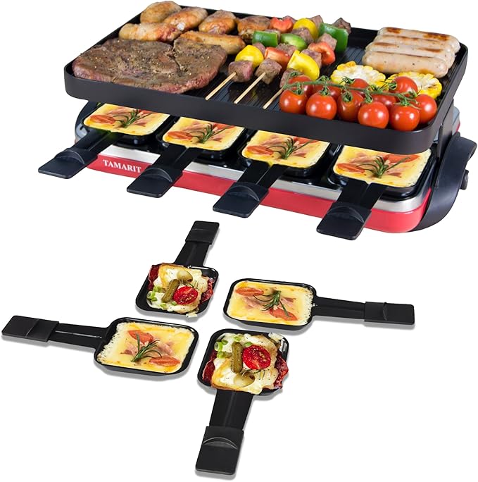 TAMARIT Classic 8 Person Raclette Grill 1500W Electric Tabletop Griddle with Reversible Plate, 8 Non-Stick Cheese Trays and Spatulas Indoor Portable Korean BBQ Barbecue Party Grill Red