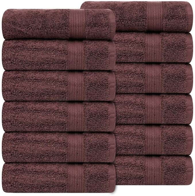 Ample Decor Hand Towel 18 X 28 Inch Pack of 12 600 GSM 100% Cotton,Oeko Tex Certified Soft Absorbent Thick Durable Premium Quality, for Hotel, Bathroom,Spa, Daily Use,Gym-Machine Washable-Brown