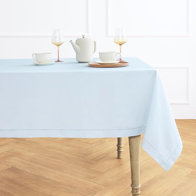 Solino Home Light Blue Cotton Linen Tablecloth 52 x 52 Inch - Hemstitch Square Table Throw - Machine Washable Tablecloth for New Year