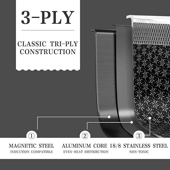 VONIKI Hybrid Tri-ply Stainless Steel Cookware Set, Pots And Pans Set Non Stick with Steamer Basket, Non Toxic Induction Cookware, Kitchen Cookware Sets PFOA & PTFE Free, Dishwasher and Oven Safe