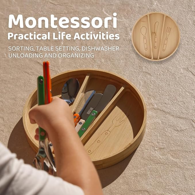 APLAINR Kids Silverware Set, Stainless Steel Toddler Silverware with Bamboo Organizer, Montessori Kids Utensils, 10 Piece Cutlery Set with Forks, Spoons & Knives, Children Safe Metal Flatware