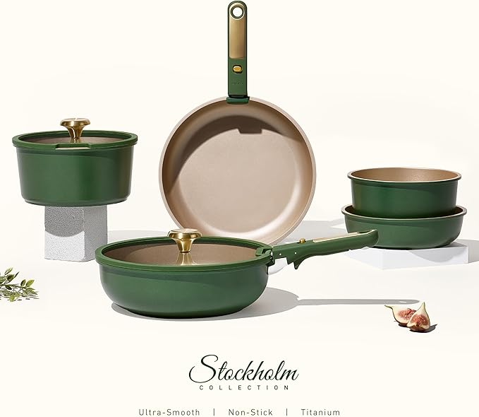 CAROTE Green&Gold Nonstick Cookware Set,15Pcs Pots and Pans Set Non Stick Detachable/Removable Handle,Kitchen Cooking Set Dishwasher Safe, RV Kitchen Pot and Pan, Induction Cookware