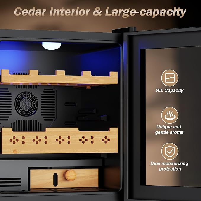 Electric Humidor-50L Cooling & Heating Humidor, Smart Touch Control Humidity & Temp Humidors wtih Spanish Cedar Wood Tray, Digital Display, Safety Lock, Desktop Gift for Men