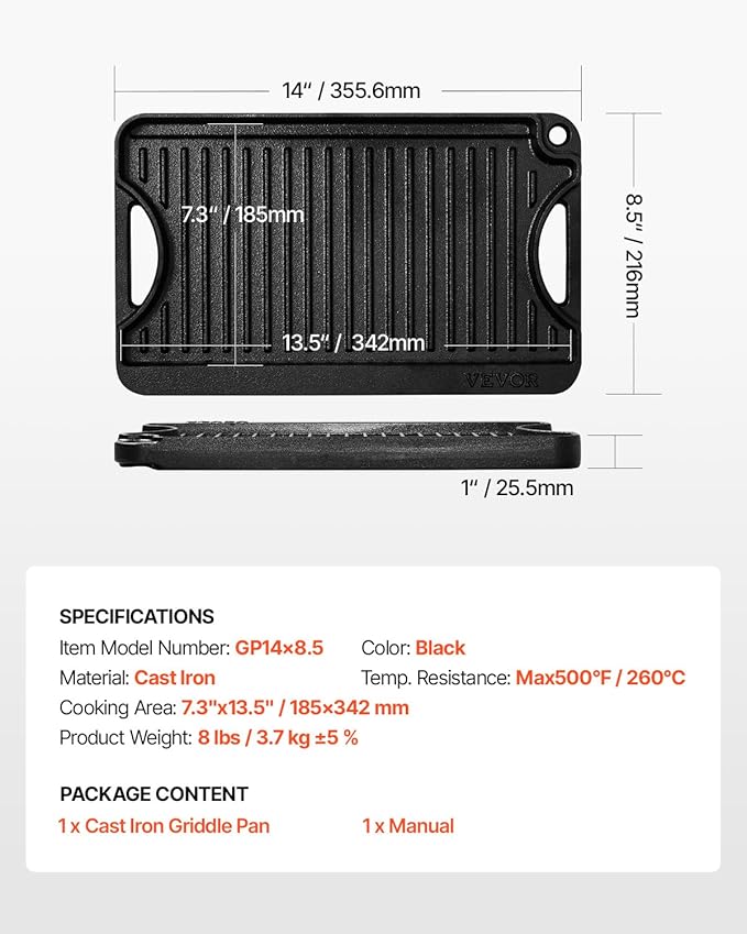 VEVOR Reversible Grill/Griddle, 14x8.5 inch Pre-Seasoned Cast Iron Griddle, Portable Rectangular Pan with Handle, Family Cookware for Indoor/Outdoor Stove Top Burner, Gas, Camping BBQ, Black