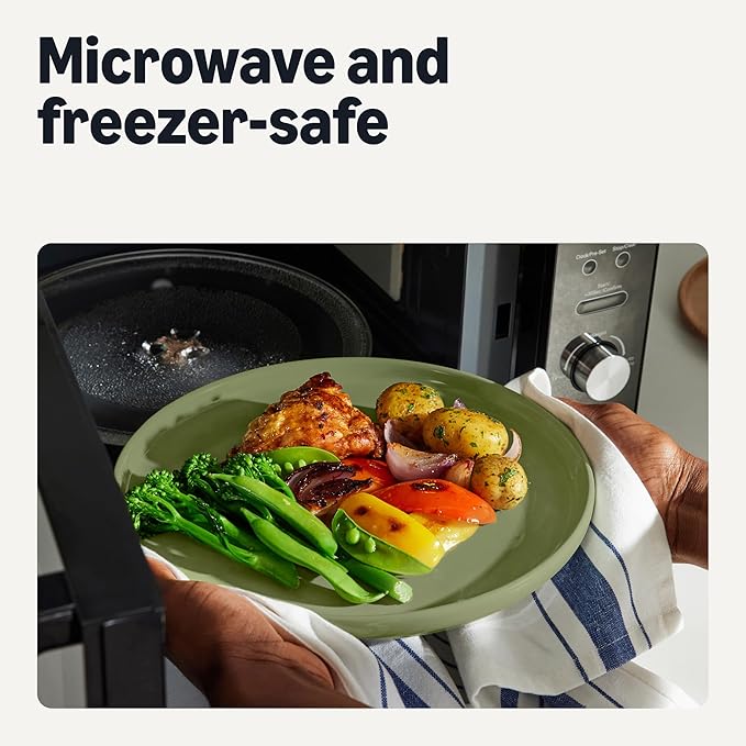 Amazon Basics Glazed Stoneware Dinner Plates, Ceramic 4-Piece Set, Microwave and Dishwasher-Safe, 10.5 in., Olive