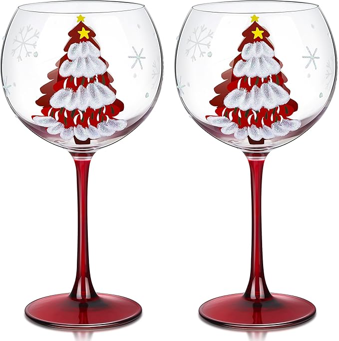 Joeyan Christmas Crystal Balloon Wine Glasses,Hand Painted Large Wine Goblet Glass Cups with Stem,Gin Tonic Cocktail Drinking Glasses with Red Xmas Tree and Snowflakes Patterns,19.5 oz,Set of 2