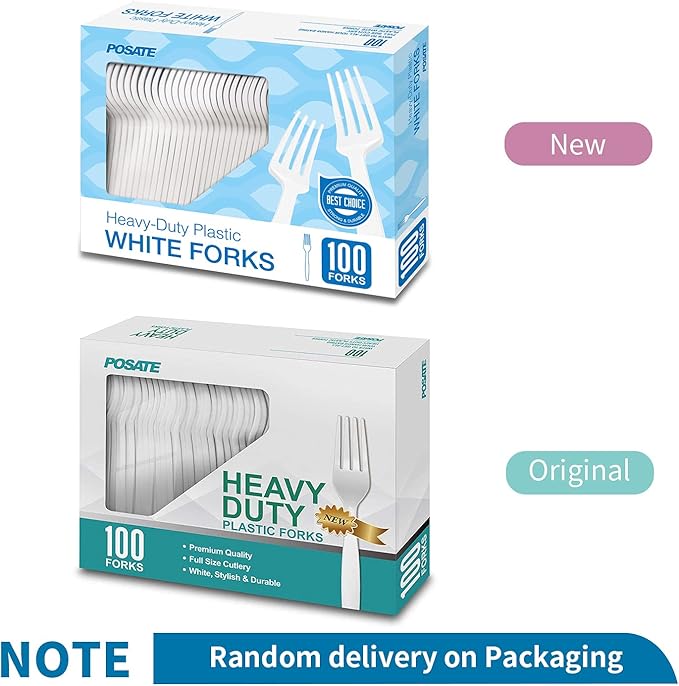 POSATE Heavyweight Plastic Forks, White, 100 Counts