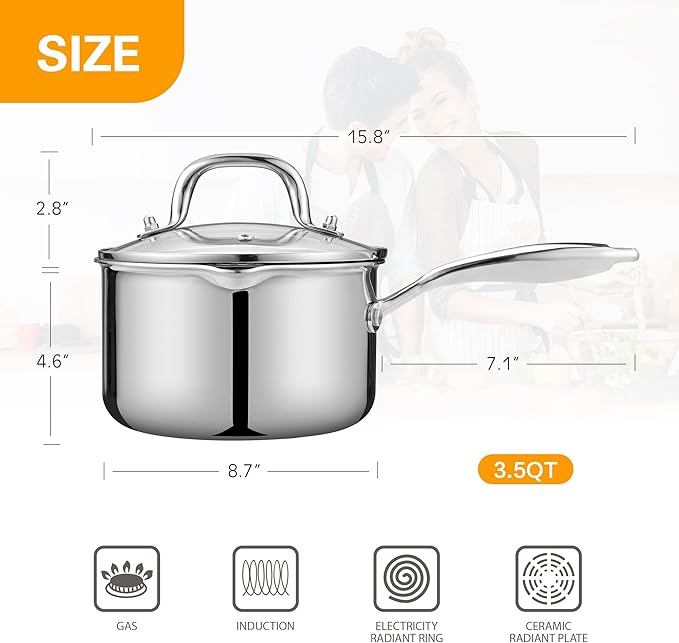 Cyrosa 3.5 Quart Stainless Steel Saucepan with Strainer Lid, Sauce Pot Sauce Pan for Stove Top, Two Side Spouts for Easy Pour, Dishwasher Safe