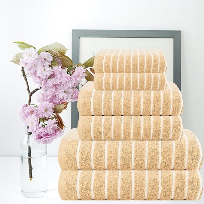 CASA COPENHAGEN Ecstatic 6 Pieces Towel Set- Beige, 600 GSM 2 Bath Towel 2 Hand Towel 2 Washcloth, Designed in Denmark Made of Soft Egyptian Cotton for Bathroom, Kitchen & Shower