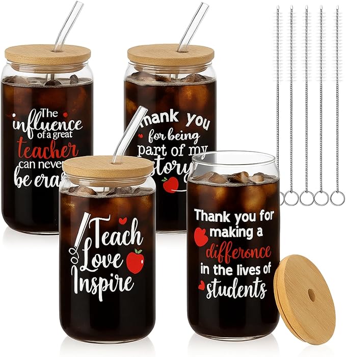 4 Pcs 16 oz Christmas Teacher Gifts for Women Teacher Appreciation Gifts Thank You Coffee Cup Tumbler Drinking Glass Beer Cups with Bamboo Lids Glass Straw Cleaning Brush for Employee Staff(Grateful)