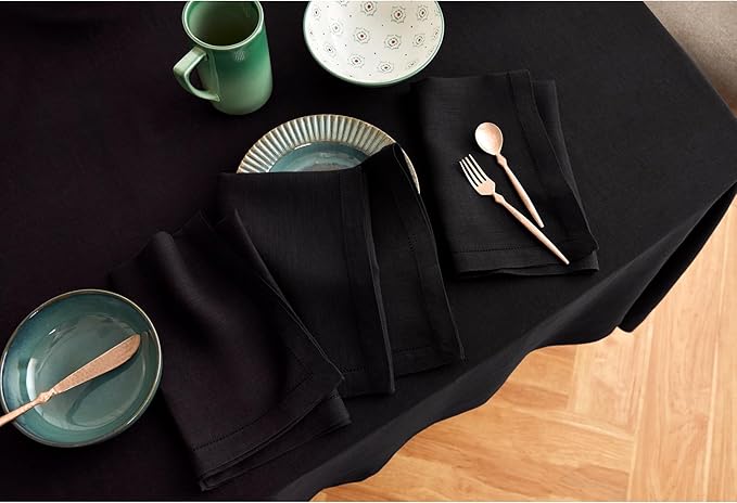Solino Home Linen Black Tablecloth 70 x 70 Inch - Sonoma Hemstitch, 100% Pure Linen Square Tablecloth - Machine Washable Table Cloth for Winter, New Year
