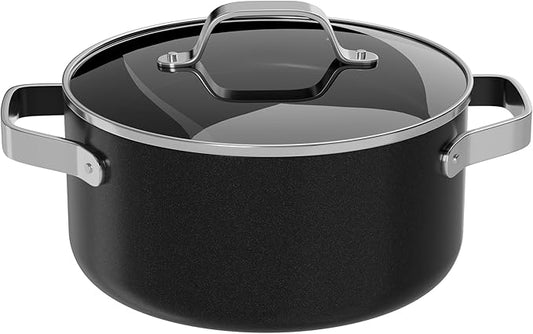 Bakken 16 Quart Ceramic Coated Stock Pot with Lid, Easy Clean Nonstick Pot, Tempered Glass Lid, Riveted Stainless Steel Handles, Oven Safe Up To 500°F, PTFE & PFAS Free, All Stove Compatible, Black
