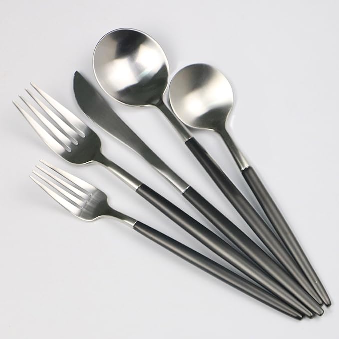 20-Pieces Luxury Black Handle Silver 18/10 Stainless Steel Flatware Set, Matte Finish, Service for 4