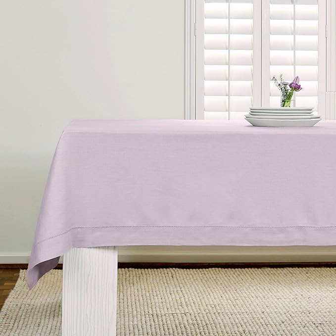 Solino Home Lilac Linen Tablecloth 52 x 52 Inch - 100% Pure Linen Square Table Throw - Classic Hemstitch, Machine Washable Table Cloth for Valentines, New Year