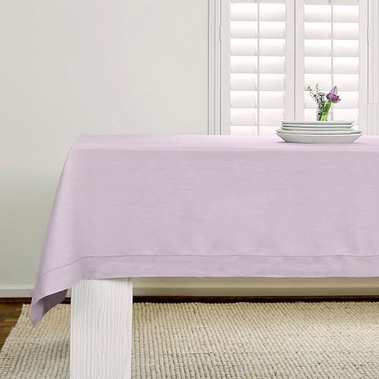 Solino Home Lilac Linen Tablecloth 52 x 52 Inch - 100% Pure Linen Square Table Throw - Classic Hemstitch, Machine Washable Table Cloth for Valentines, New Year