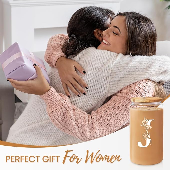 SANDJEST Monogrammed Gifts for Women - Monogram J Initial Glass Cup 16 Oz Can Coffee Cups with Lid and Straw - Monogram Initials Gifts for Womens on Birthday
