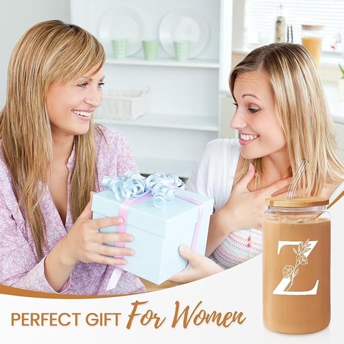 SANDJEST Monogrammed Gifts for Women - Monogram Z Initial Glass Cup 16 Oz Can Coffee Cups with Lid and Straw - Monogram Initials Gifts for Womens on Birthday