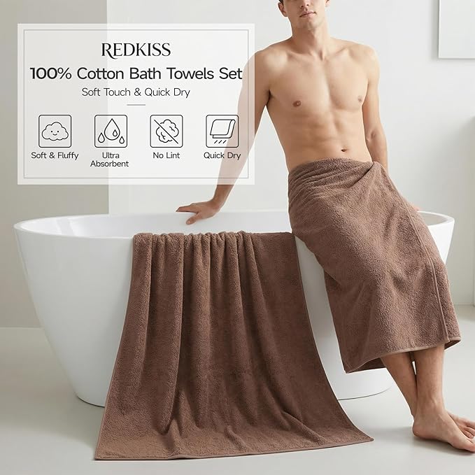 REDKISS 6-Piece Bath Towel Set, Ultra-Plush & Highly Absorbent 100% Cotton Towels for Bathroom, Browe Set Includes 2 Bath Towels, 2 Hand Towels, 2 Washcloths