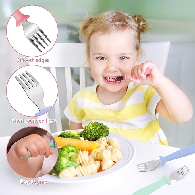 Pimoys 6-Pack Stainless Steel Toddler Forks Baby & Kids Utensils for Self-Feeding Plastic Handle Dishwasher Safe