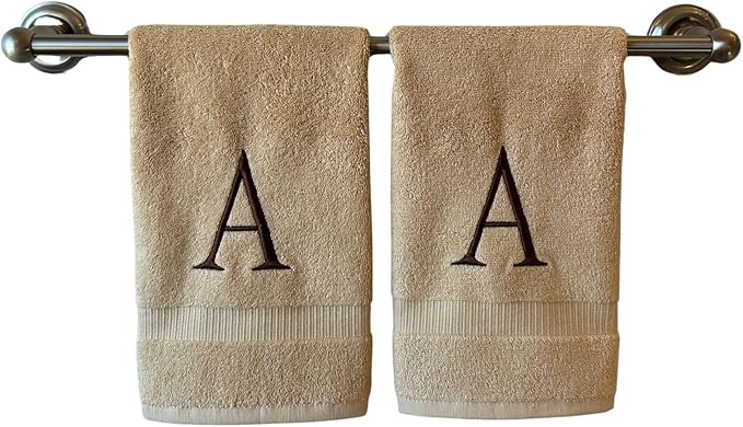 Beige Initial Hand Towel for Bathroom - Monogrammed Luxury Hotel Quality Decorative Embroidered Towel for Powder Room, Spa - GOTS Organic Certified - Set of 2 Brown Letter A